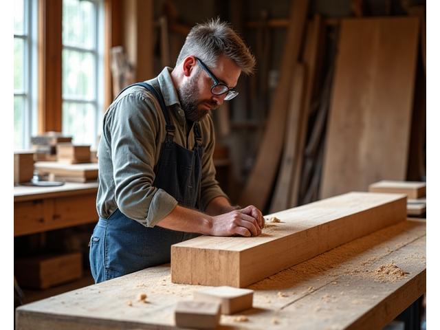 Artisan working on a piece of timber furniture in a well-lit workshop
