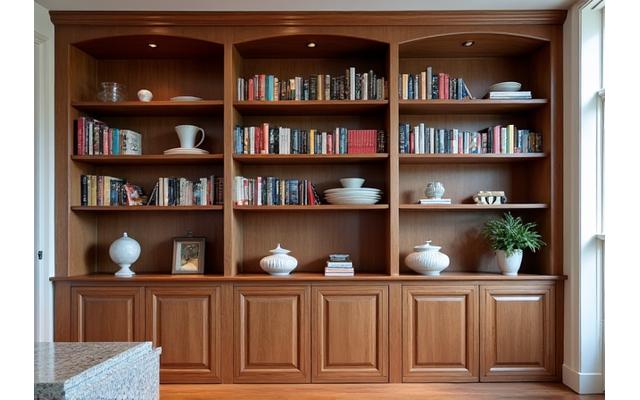 Custom built-in wooden shelving unit with various books and decorative items