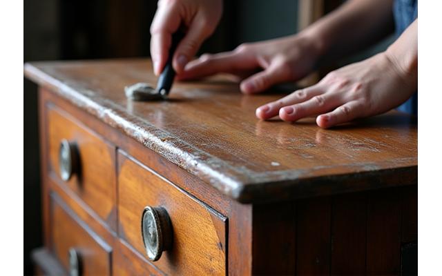 Antique wooden chest being meticulously restored by a skilled artisan