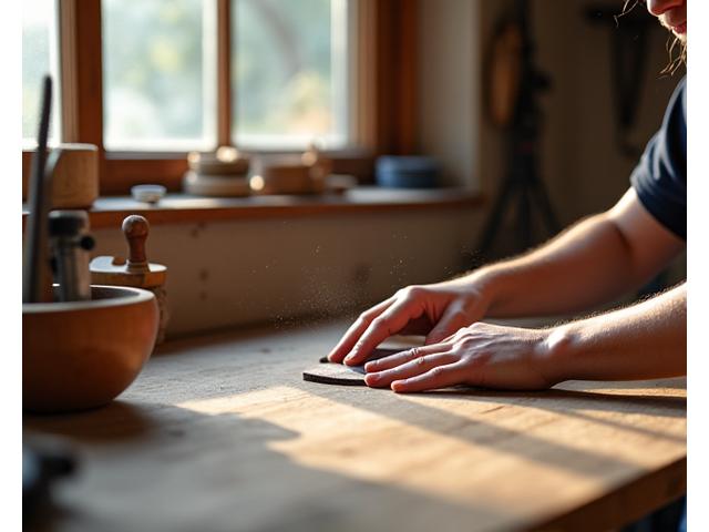 Artisan working with wood, natural light